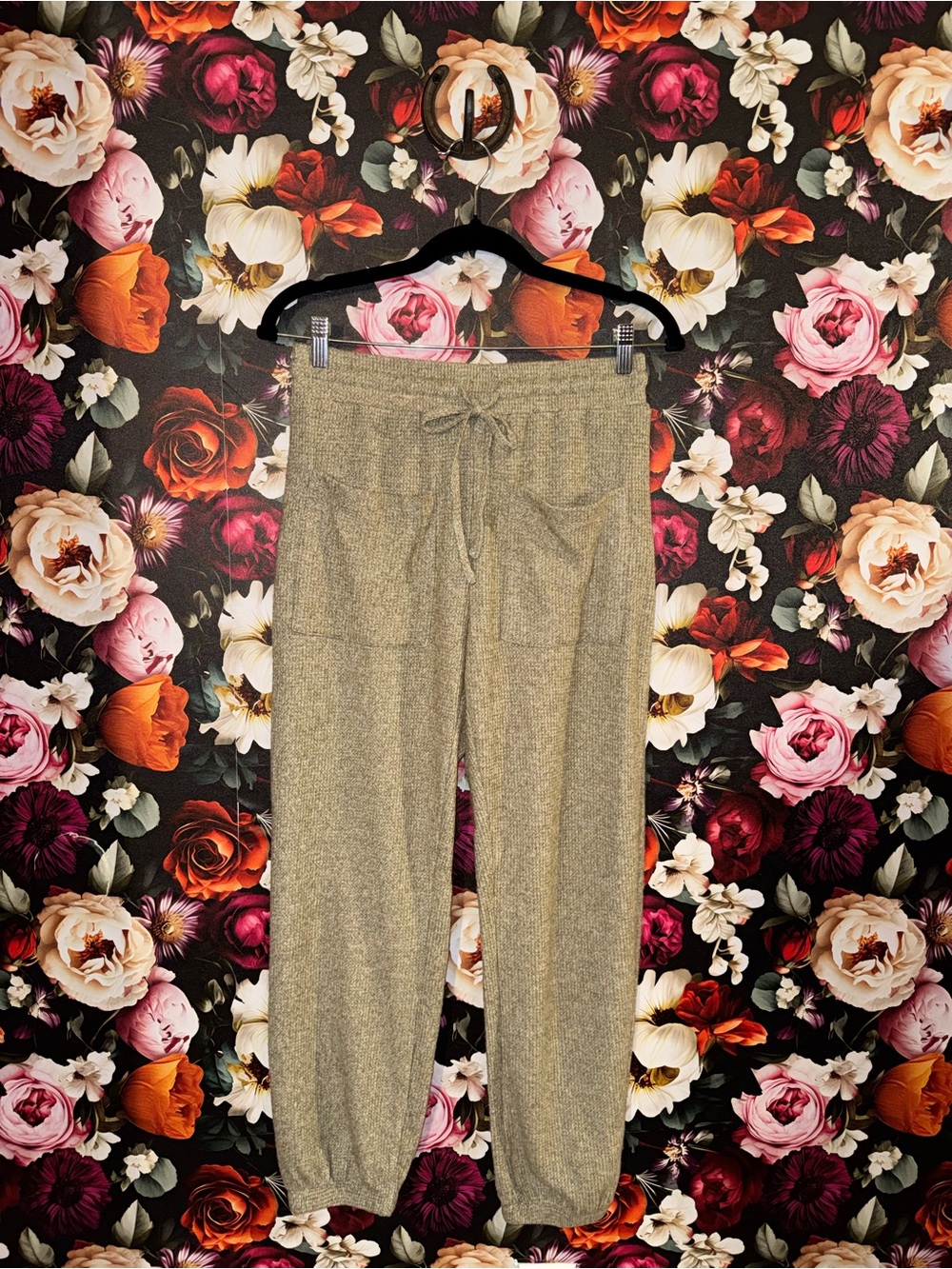 Kittenish Taupe Waffle Knit Drawstring Joggers, Medium, NWT